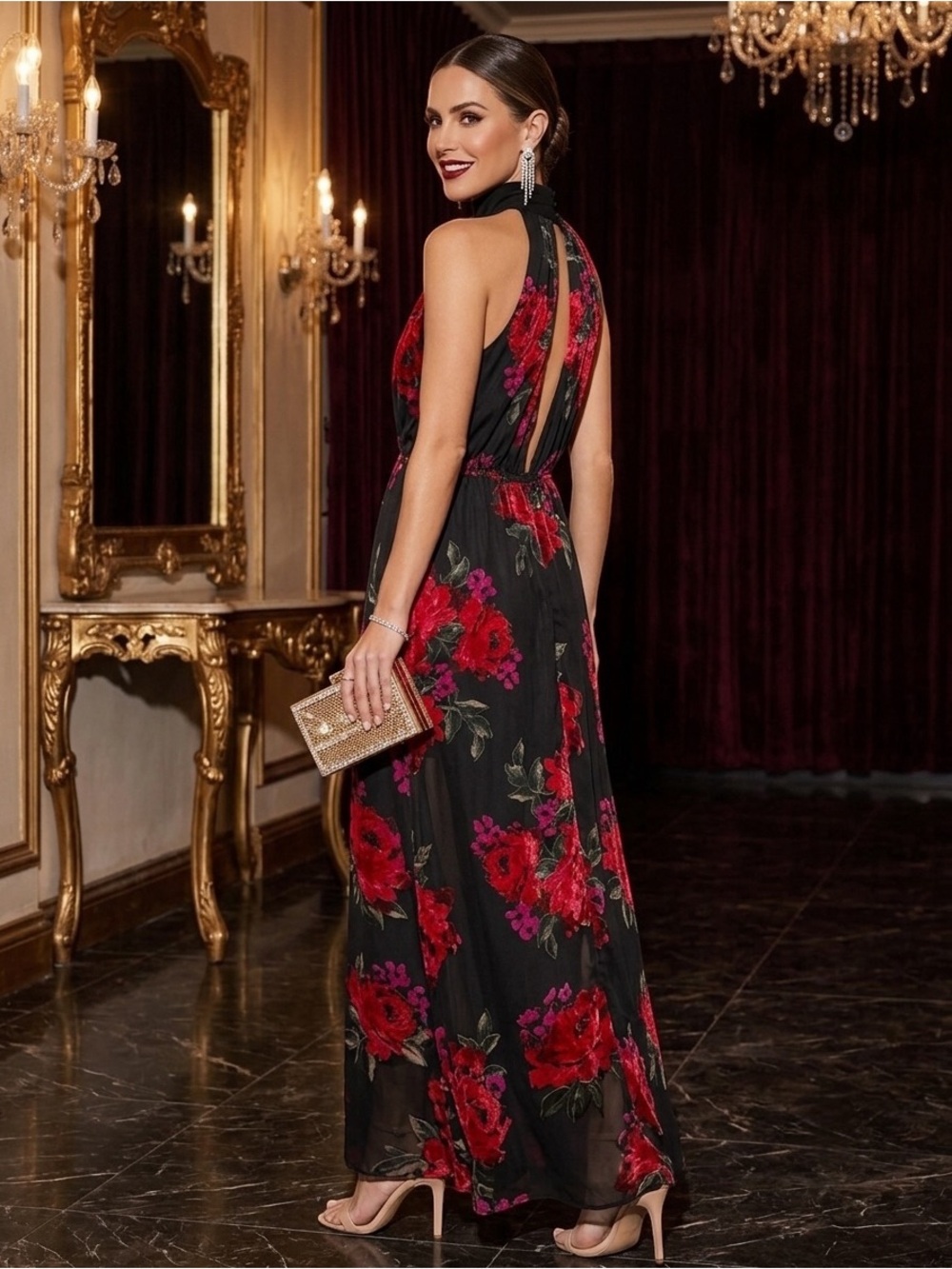 GB girls Black Maxi Dress with Red and Pink Floral Accents